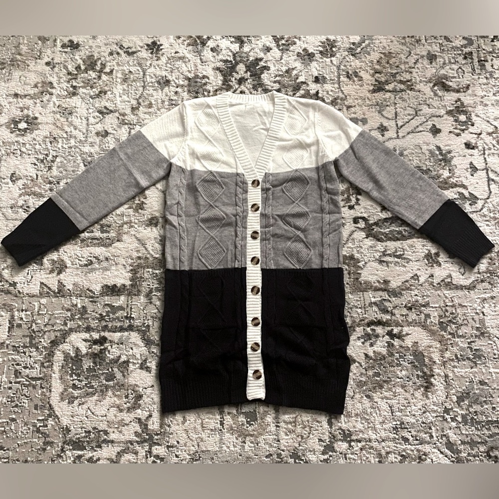 New Cozy Longline Cardigan Chunky Knit Colorblock Long Sleeves White Gray Navy - Picture 13 of 16